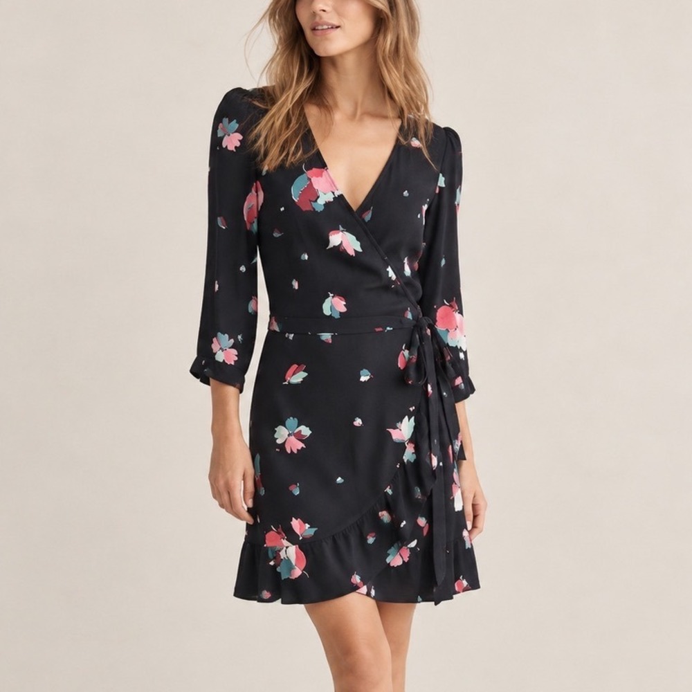 Sezane Elena Black Floral Mini Dress FR 38 US 6 French Girl Romantic Wrap